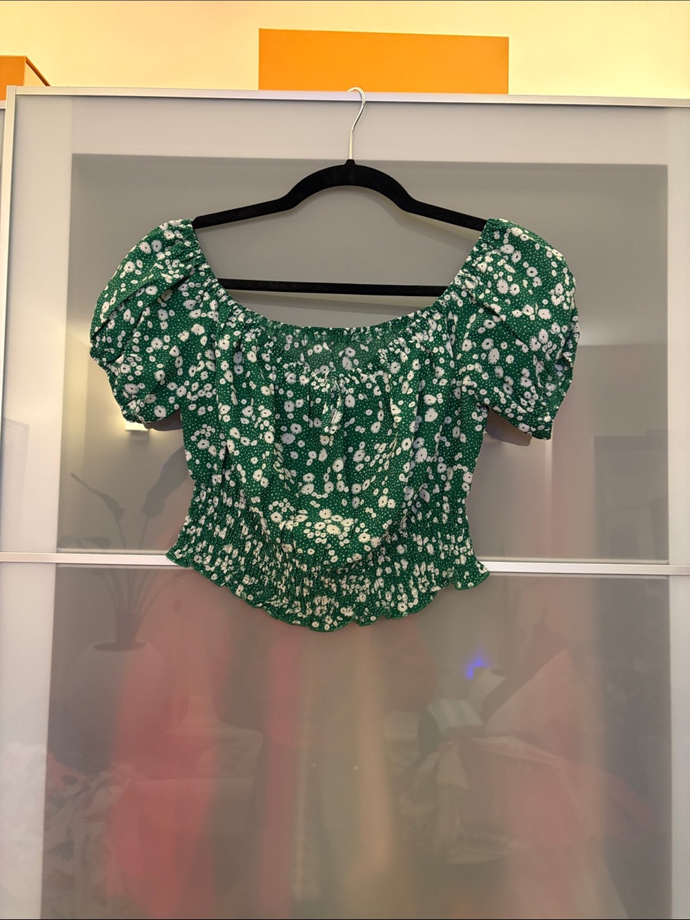 Green Floral Off-Shoulder Smocked Top